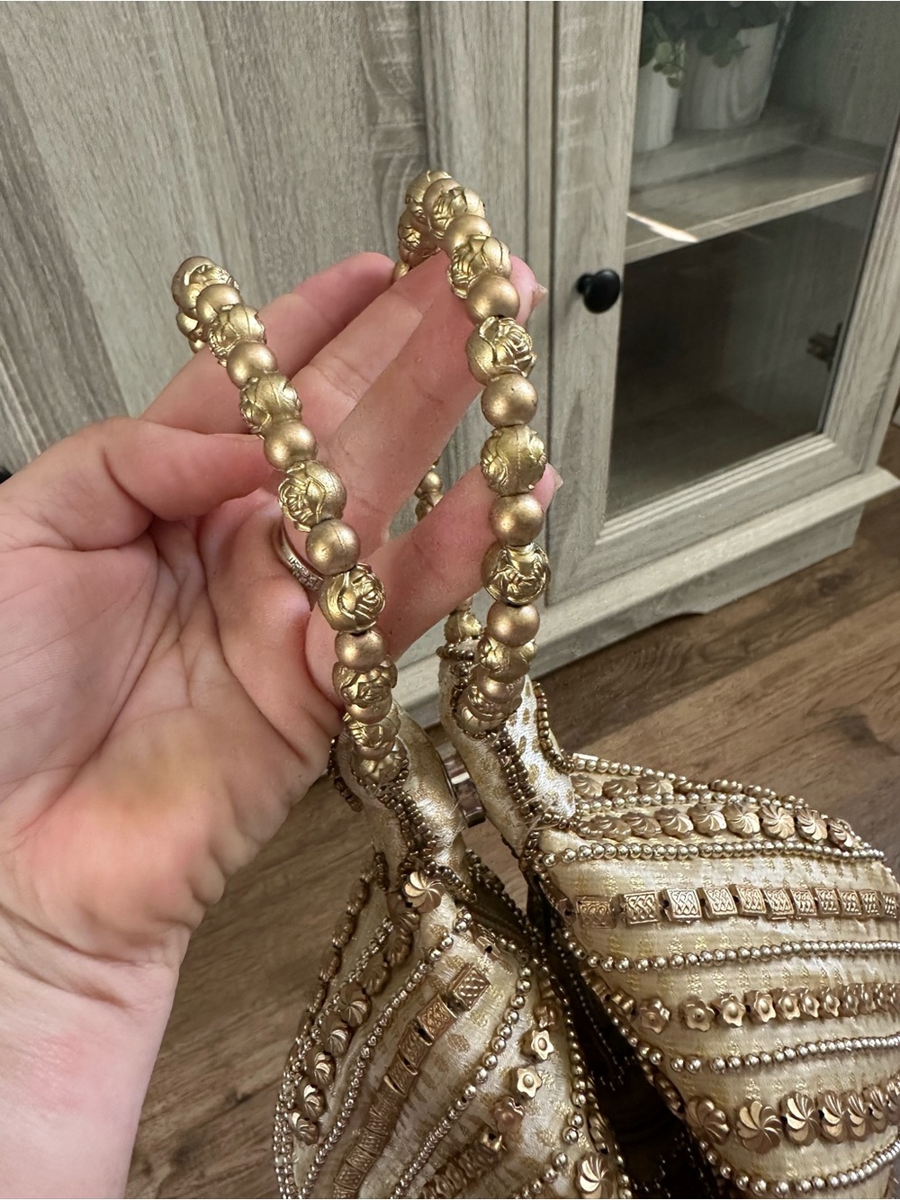 Handicraft Gold Beaded Potli Bag, Vintage Inspired Accents, Lotus Clutch, 11"x7" - Picture 3 of 15